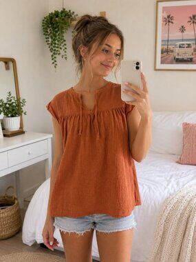 Copper Key Orange Smocked Tunic with Cap Sleeves (B)